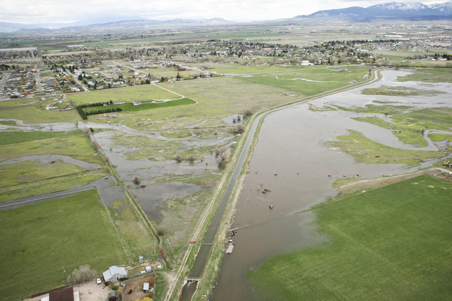Aerial view of flooding near a Helena road